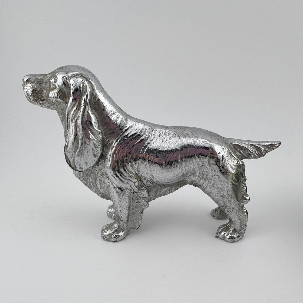 Vintage Heavy Silver Tone Basset Hound Dog Figurine Metal Decor Paper Weight